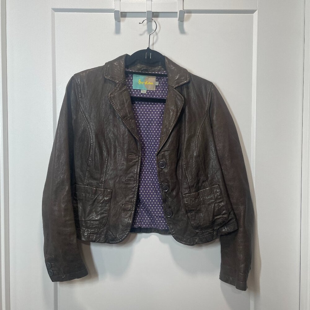 Boden Brown Leather Jacket Size 4 with Purple Polka Dot Lining